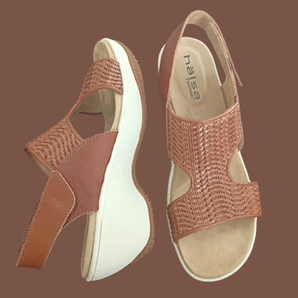 Halsa Footwear Coral Leather Wedge Cognac Sandals 10 Orthopedic